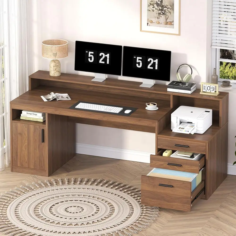 

65 Коричневый письменный стол с 3 ящиками, полками для хранения, подставкой для монитора и полкой для принтера