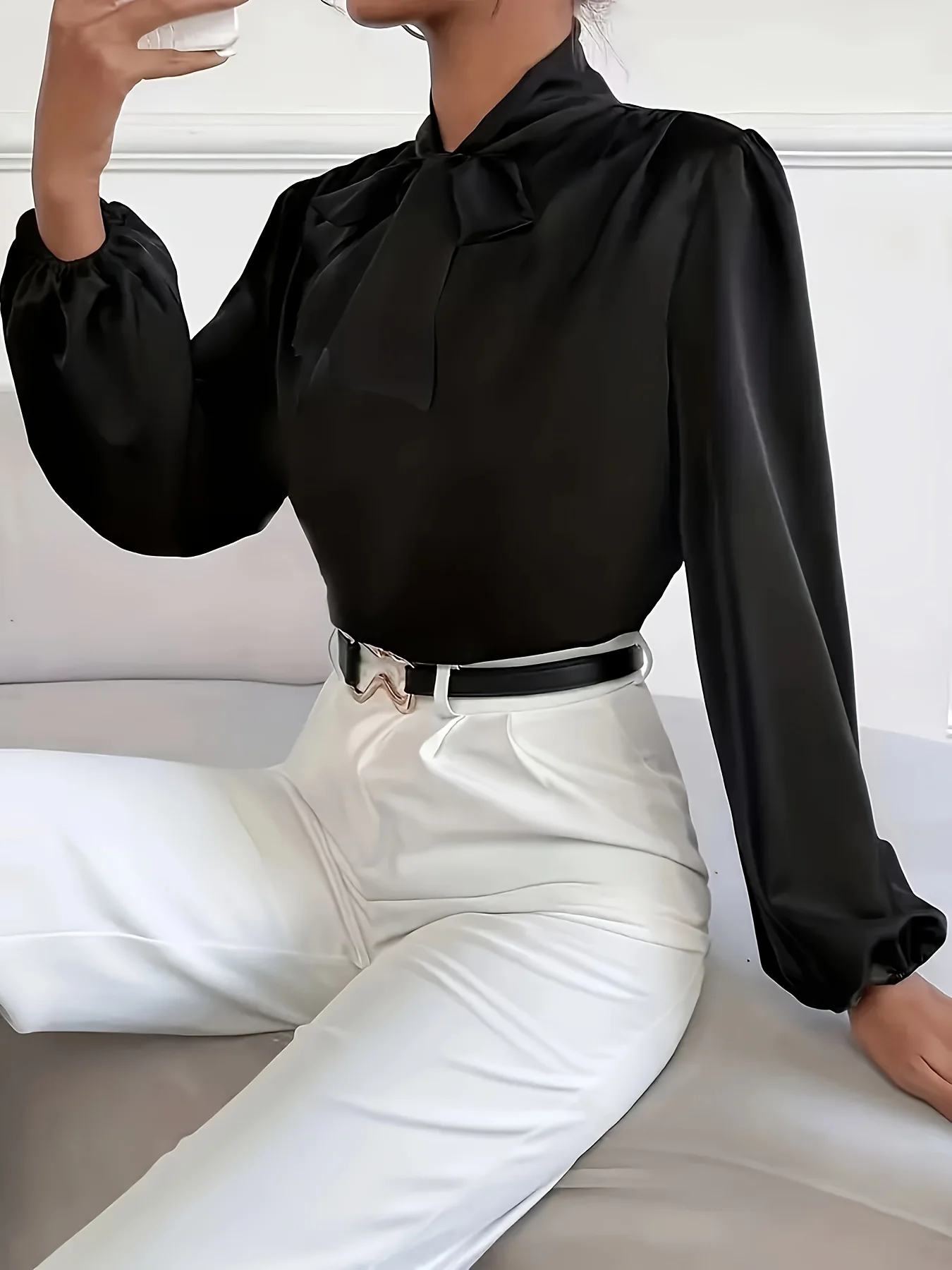 

Spring Autumn Women's Long Sleeve Shirt Elegant Sash Butterfly Knot Slimming Blouse New Arrival Fashionable Office Wear