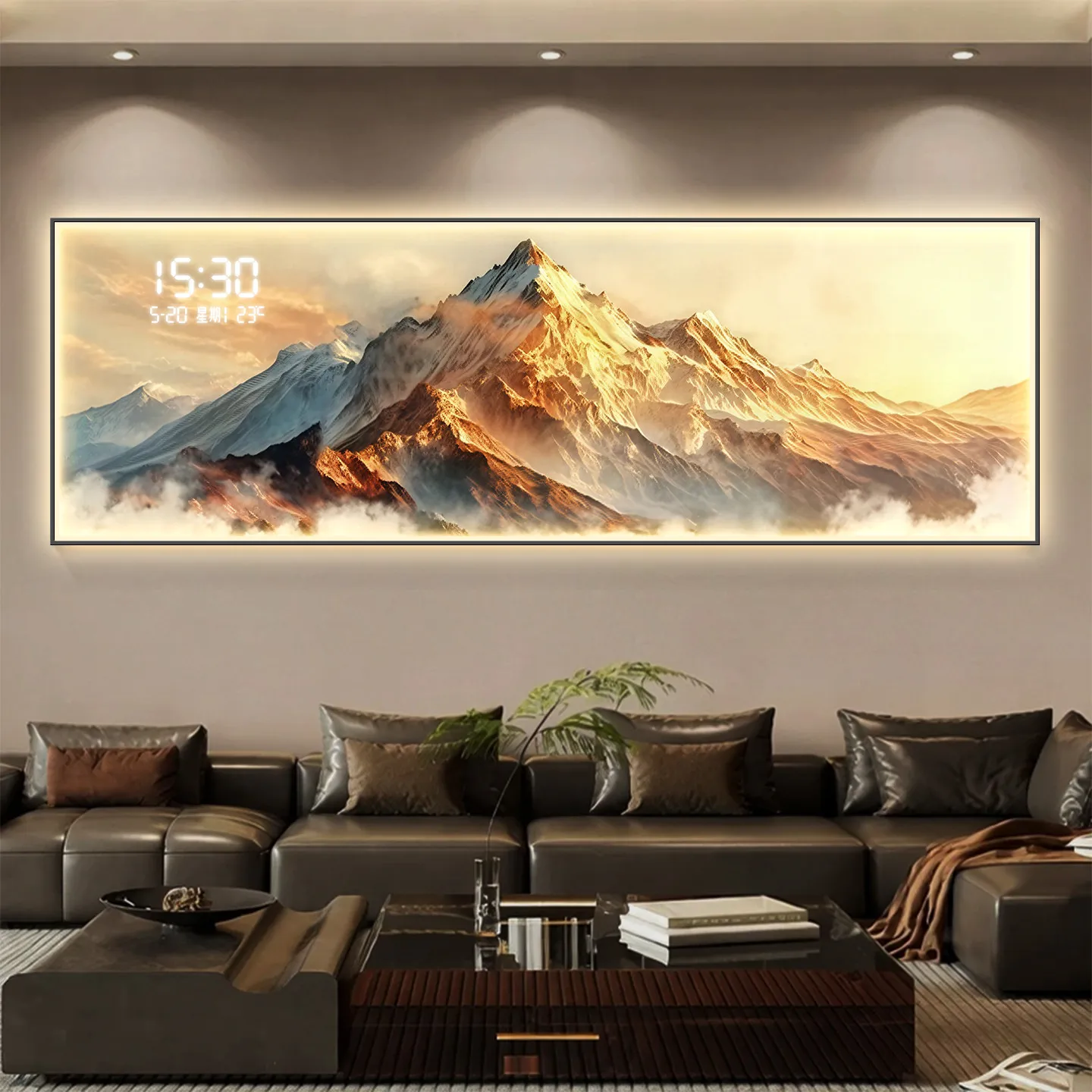 Modern luxury and grand sunshine Jinshan living room background wall decoration painting with electronic digital clock, high-end