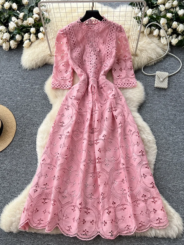 Ele High-Waisted A-Line Dr Women's Hollow out Embroidered Five-Quarter Sve Long Dr Slimming Waist Design