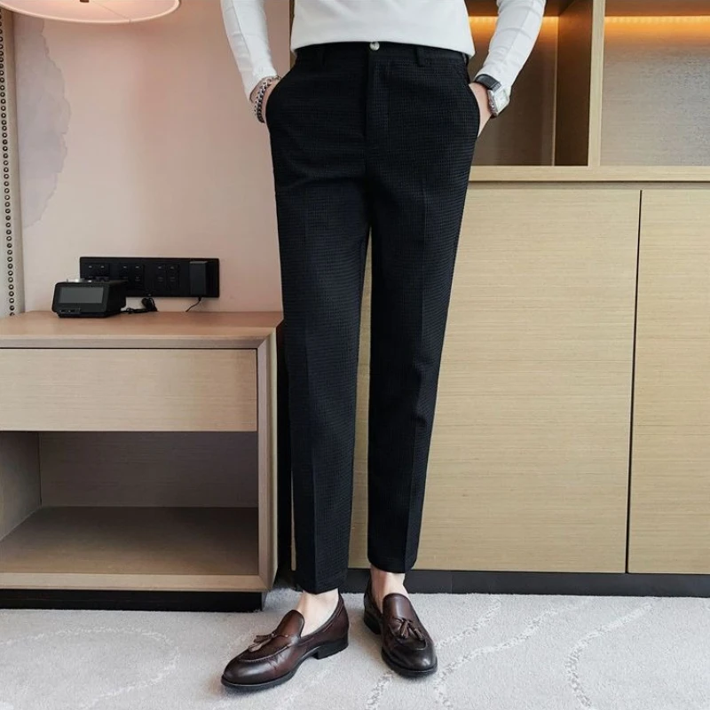 Premium Men's Waffle Texture Trousers Spring Summer Business Casual Suit Pants Solid Color Slim Fit Tapered Leg Long Pants