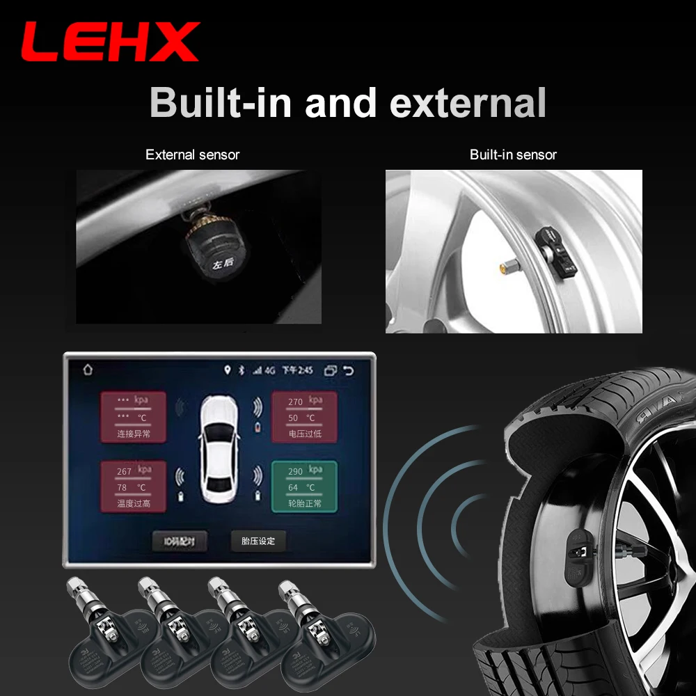 LEHX USB TPMS Car Tire Pressure Monitoring System Built-In 4 Sensor 315MHz/433MHz 5V Car Radio Android Multimedia GPS DVD Player