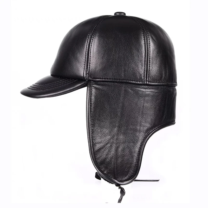 Inverno quente proteção de orelha bombardeiro chapéu homem couro genuíno pele do falso boné militar dentro preto marrom 55-60cm gorras chapéu de pele