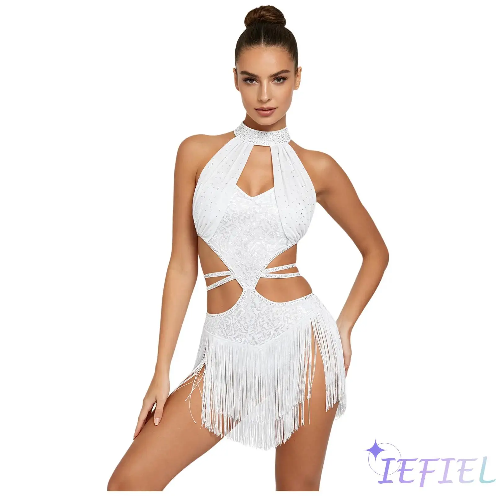 Womens Elegant Latin Salsa Dress Shiny Keyhole Front Cutout Back Sleeveless Fringe Tassel Dress Figure Skating Dance Costume