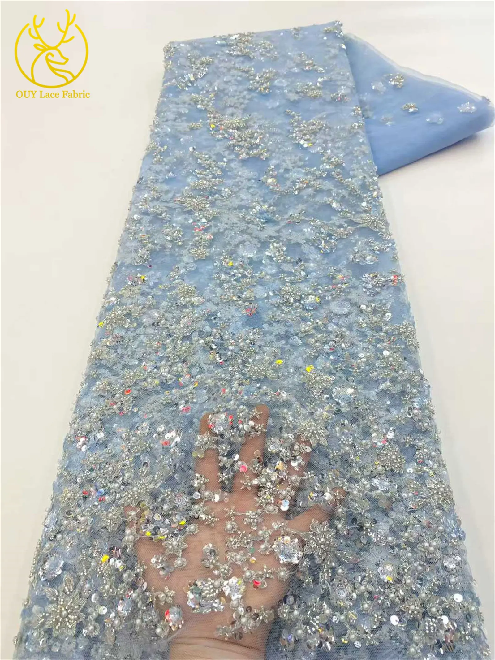 2026 New African Groom Embroidered Beaded Lace Fabric Nigerian French Sequin Lace Fabric for Bridal Wedding Party Dresses