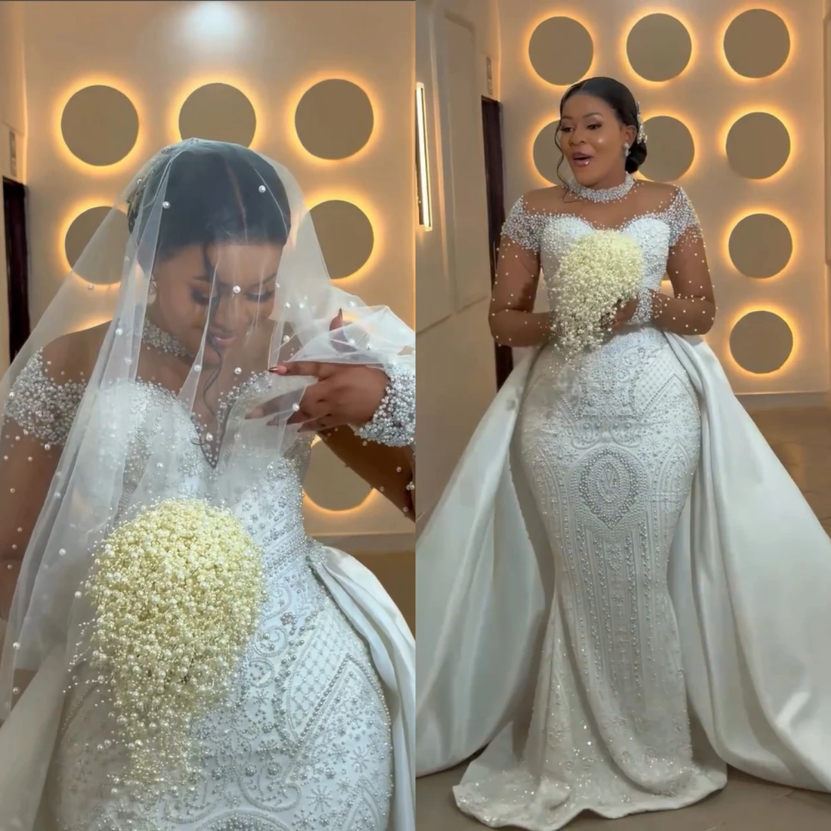 

Luxury High Neck Illusion Mermaid Wedding Dress Detachable Beaded Rhinestone Africa Bridal Dresses Vestidos De Novia Customized
