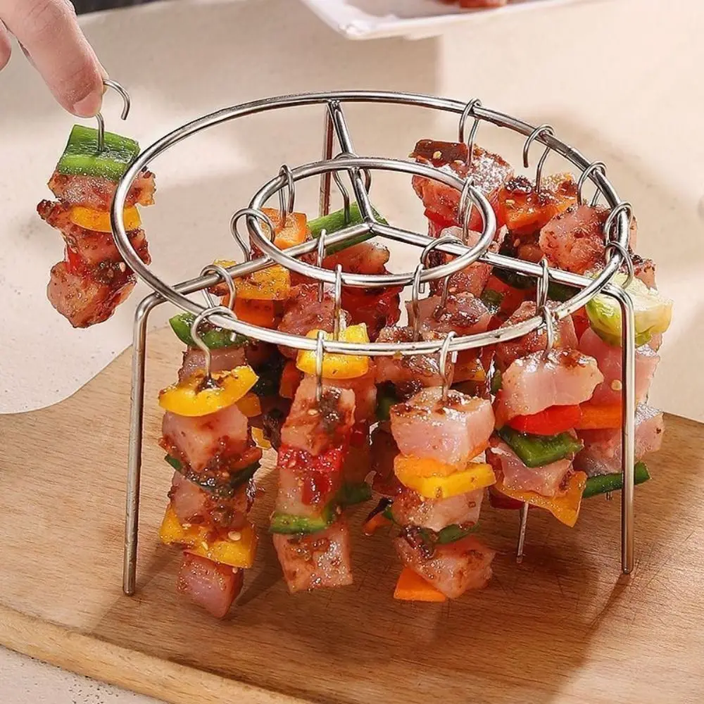 Stainless Steel Air Fryer Grill Round with Grilled Skewers Hanging Skewers Rack Barbecue Grill for Home Kitchen Outdoor