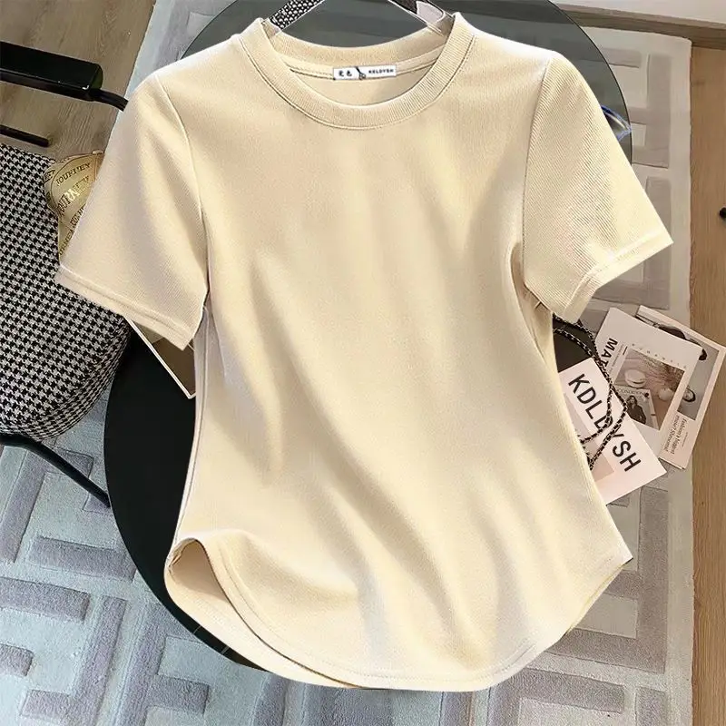 

Женская футболка с короткими рукавами, новинка лета 2025 года, топ из чистого хлопка, футболка с круглым вырезом и половиной рукавов для женщин