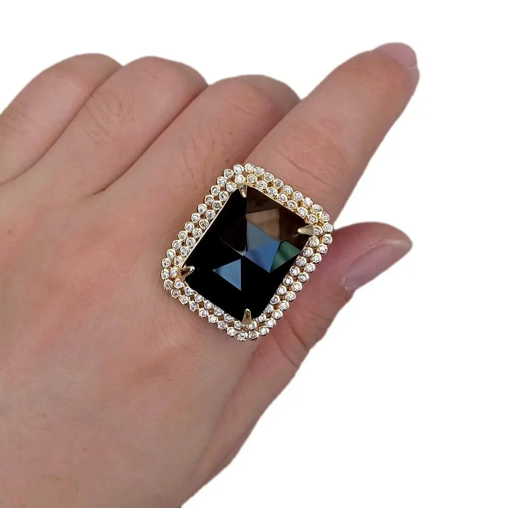 YYGEM 23x27mm Black Onyx Rectangle Cz Pave Ring Gold Plated Adjustable Ring Fashion Party Jewelry - view 2