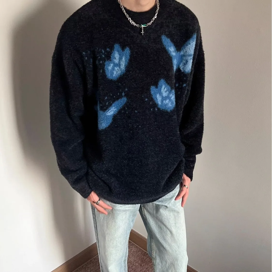 

k Embroidered Sweatirt 2025 Casual Loose Aosphere Men's Knitted Sweater Comfortable Breathable Long Sve