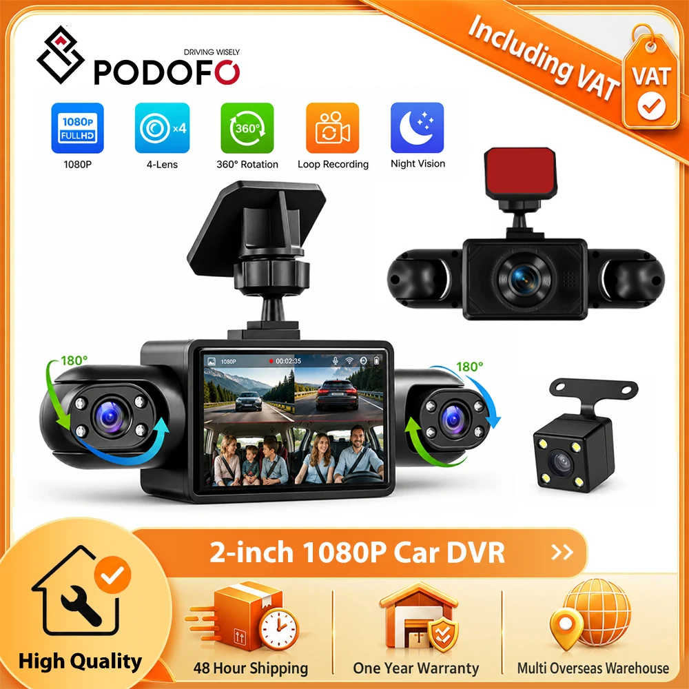 Podofo, telecamera da cruscotto per auto da 2 pollici, con registrazione video 1080P, telecamere interne sinistra e destra da 480P e telecamera posteriore, registratore di guida con funzione di