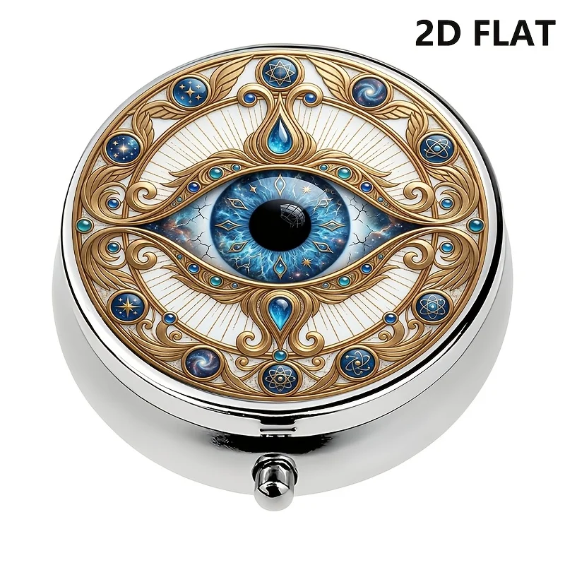 Flat, 1-piece organizer box, space-eye themed travel portable wallet box, decorative wallet box, decorative metal vitamin box, unique compact storage box for travel and daily use