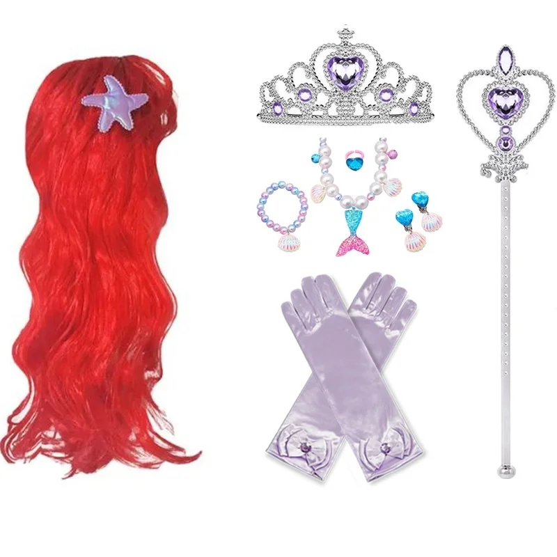 Little Mermaid Princess Accessories Gloves Wand Crown Jewelry Set Mermaid Wig for Princess Dress Birthday Party Cosplay Dress Up