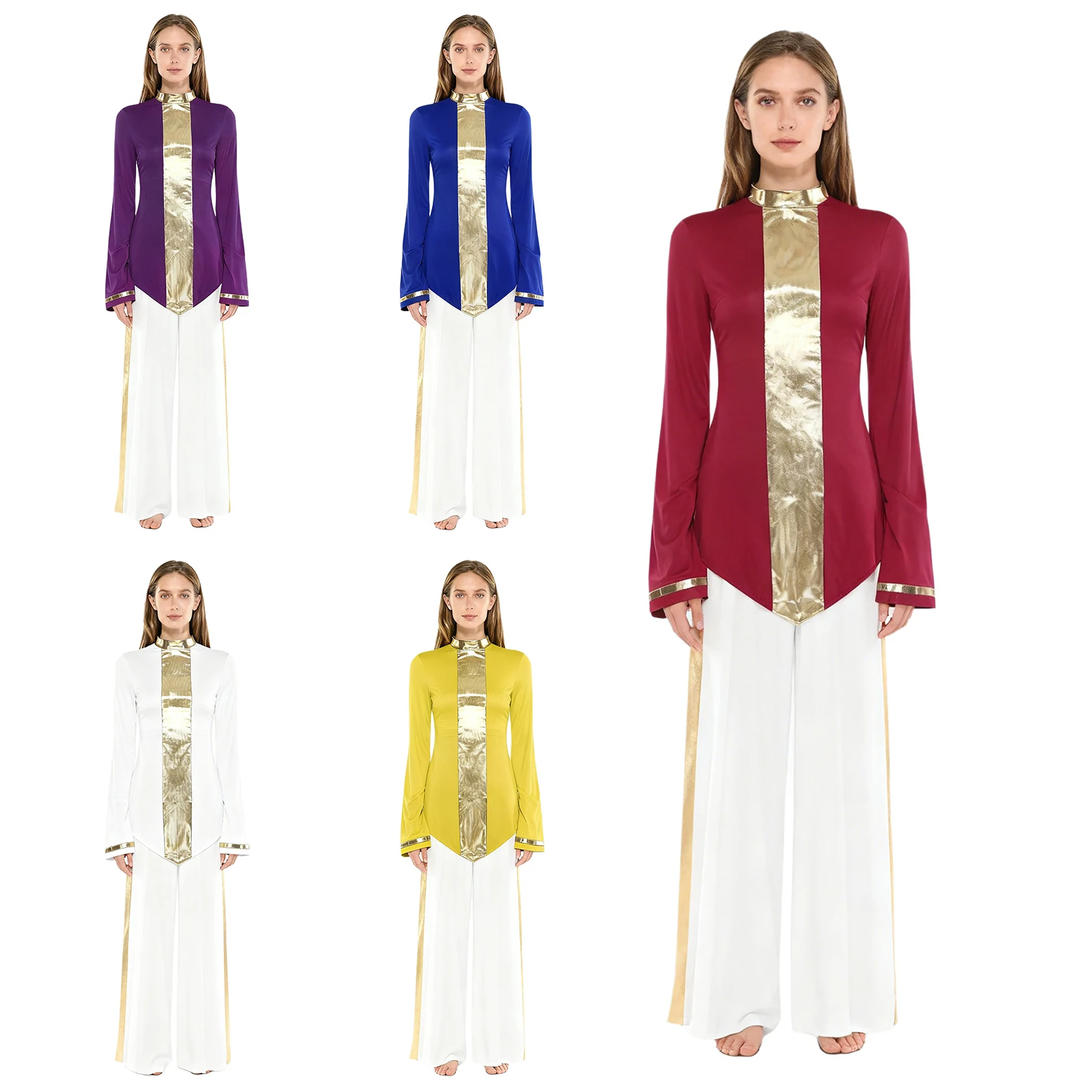 Women Long Sleeve Metallic Shiny Liturgical Worship Choir Praise Lyrical Dance Robe Tops with Pants for Party Stage Performance
