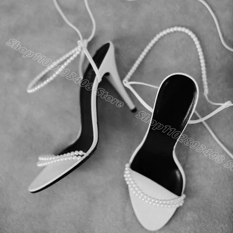 Pearl Decor Ankle Strap Stiletto Sandals Open Toe Summer British Style for Wedding Party Women Shoes 2024 Zapatos Para Mujere