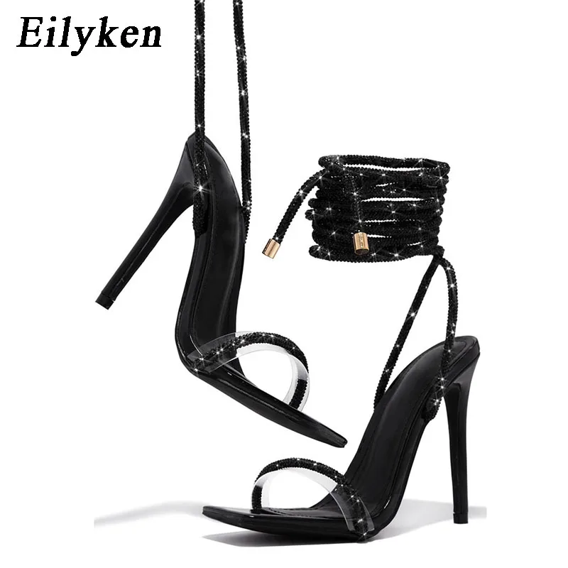 Eilyken CRYSTAL Diamond High Heels Women Sandals Sexy Ankle Cross Strap Lace-Up Square Toe Party Dress Female Shoes