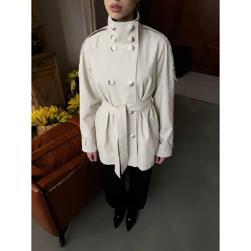 Casual Solid Loose Windbreaker Jacket Long Sleeve Double Breasted Stand Collar Lace-Up Women Autumn 2026 Chic Street Trench Coat