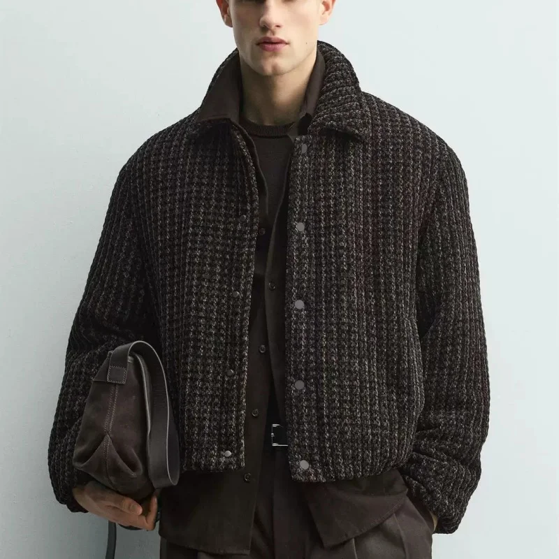 Retro Velvet Texture Men's Jacket Cotton Coat Autumn Winter New Style Warm Flannel Patterned Loose Fit Long Sleeve Coat