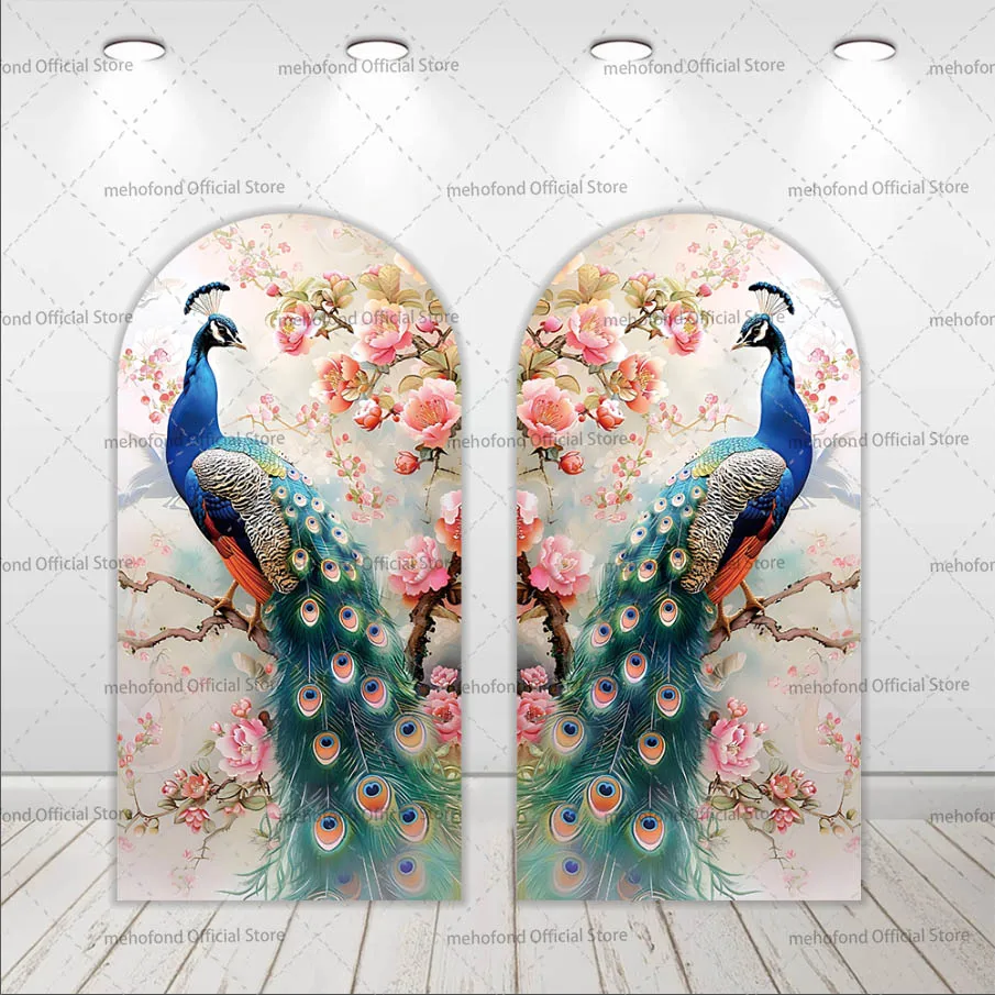 Mehofond Custom 2-Sided India Style Peacock Floral Wedding Birthday Party Bridal Shower Cover Chiara Arch wall Decor Backdrop