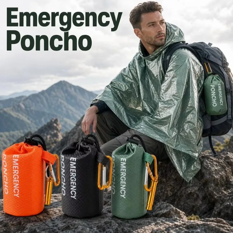 Emergency Rain Poncho Kit Waterproof Hooded Raincoat Portable Rain Cover With Pouch Whistle Carabiner For Camping Hilking