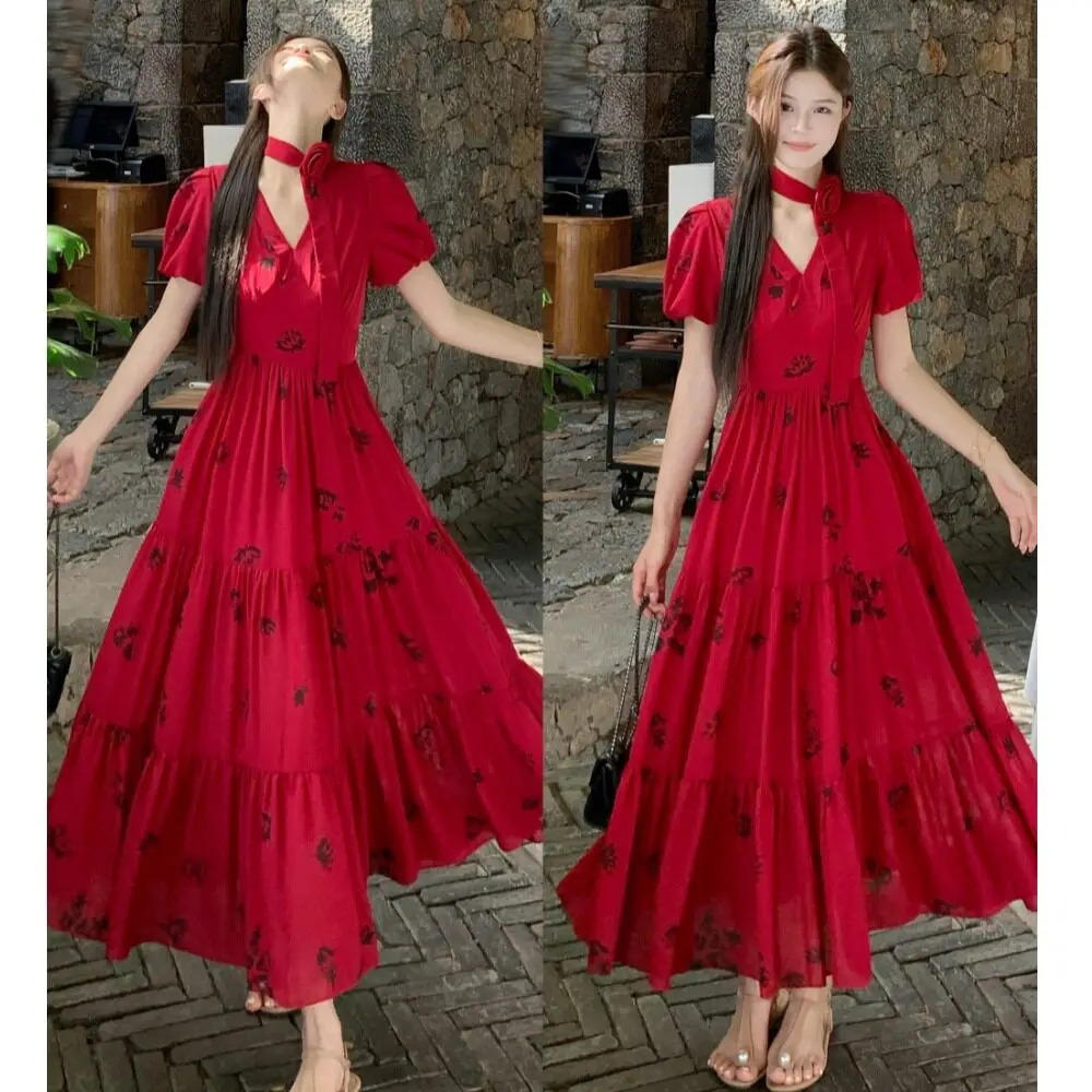 

Французское красное платье с цветочной вышивкой, V-образным вырезом, пышными рукавами, многоярусное, А-силуэт, макси, в стиле Харадзюку, винтажное, для летних вечеринок и выпускных балов