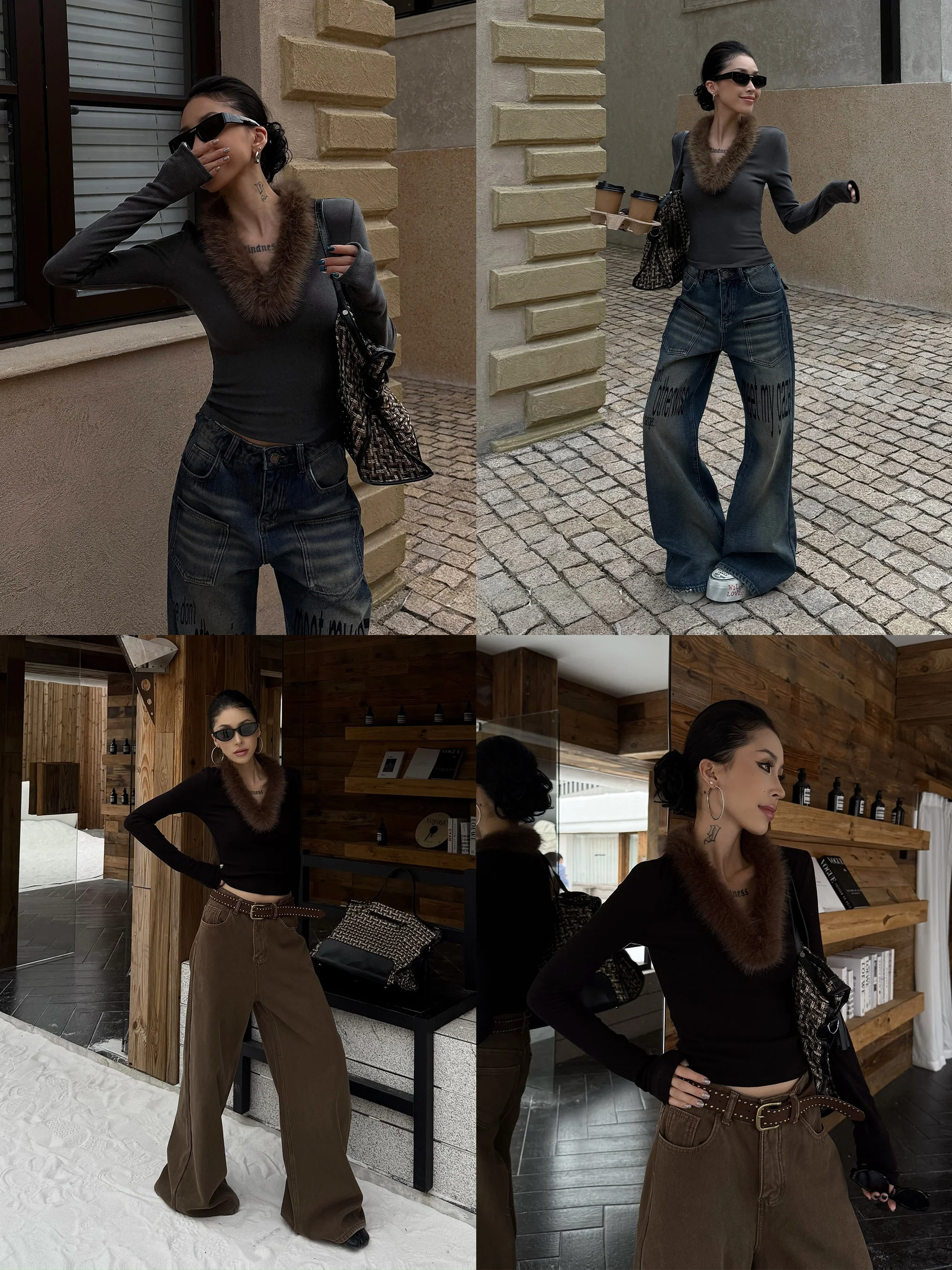 STYLMW Jingzi American Retro High-End Feeling Slim Fit Knitted V-neck Long Sleeve T-shirt Women Autumn Winter Fashion Style