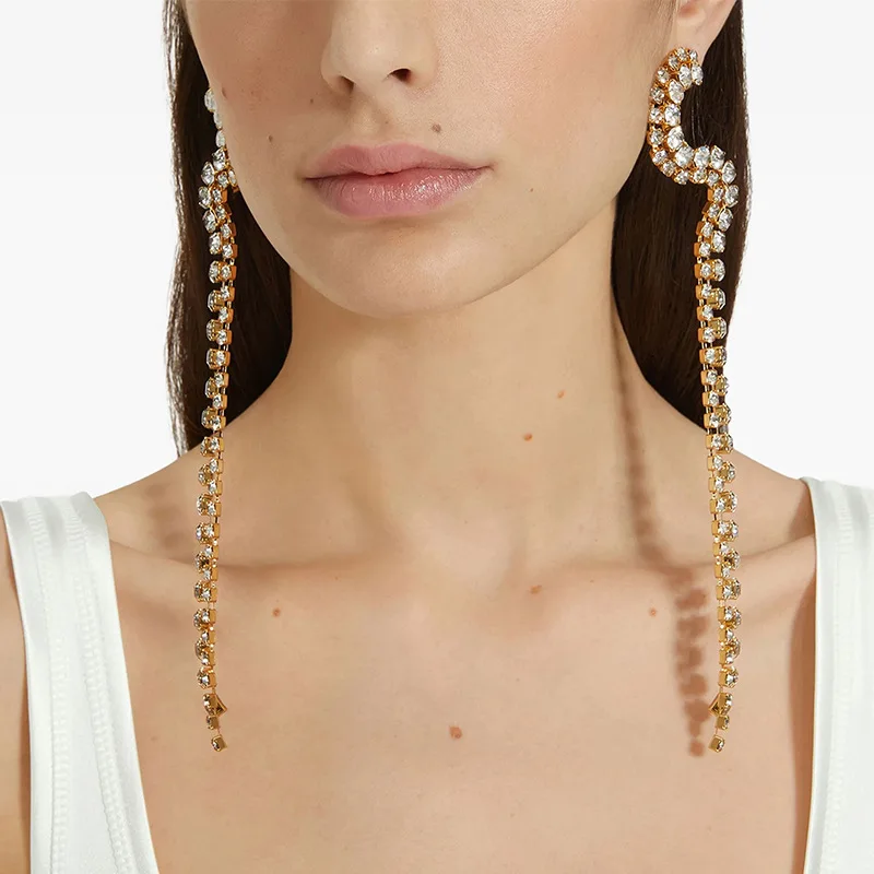 Fashion geometric long fringed earrings exaggerated design sense rhinestone earrings catwalk accessories women's earrings