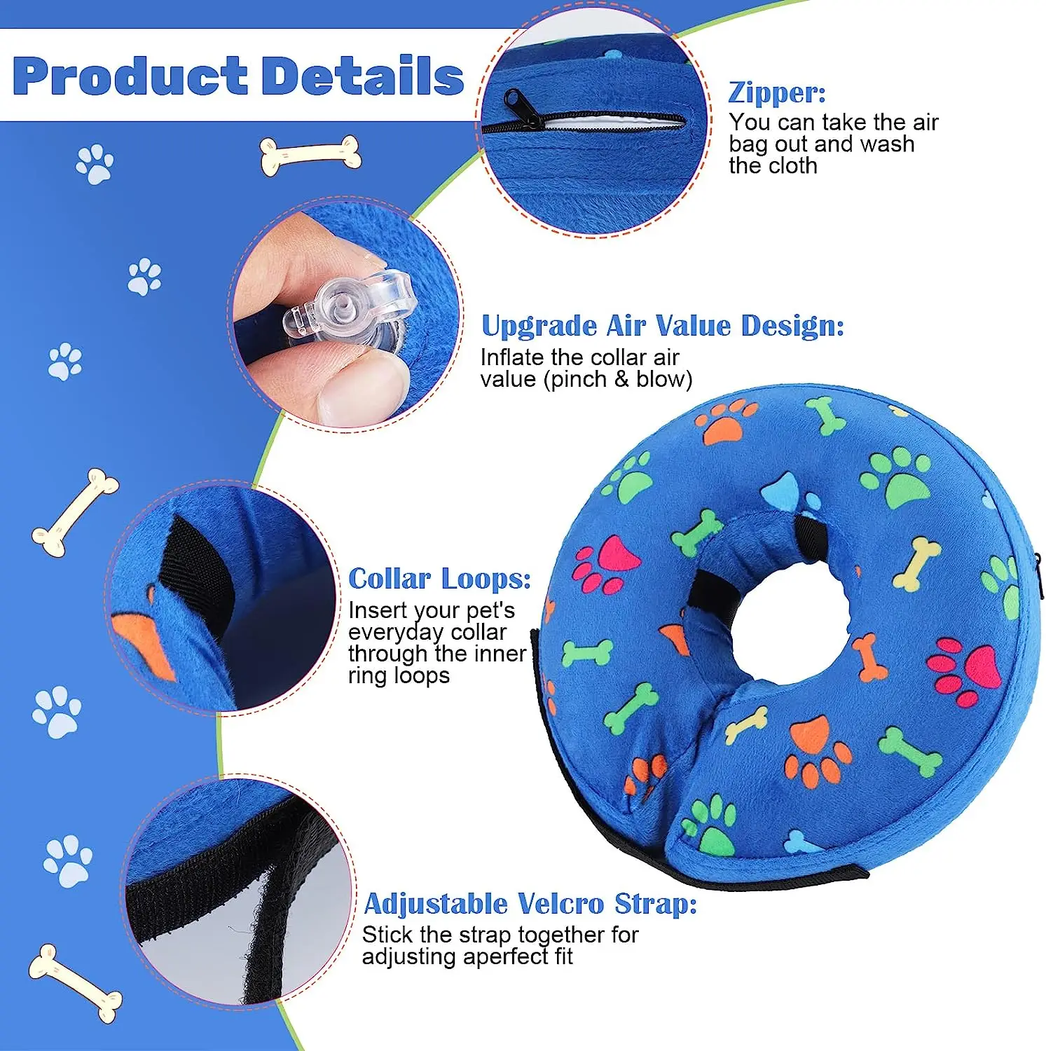 Dog Inflatable Cone Collar Adjustable Washable Pet Recovery Cone After Surgery Protective Collar for Large Medium Small Dogs Cat