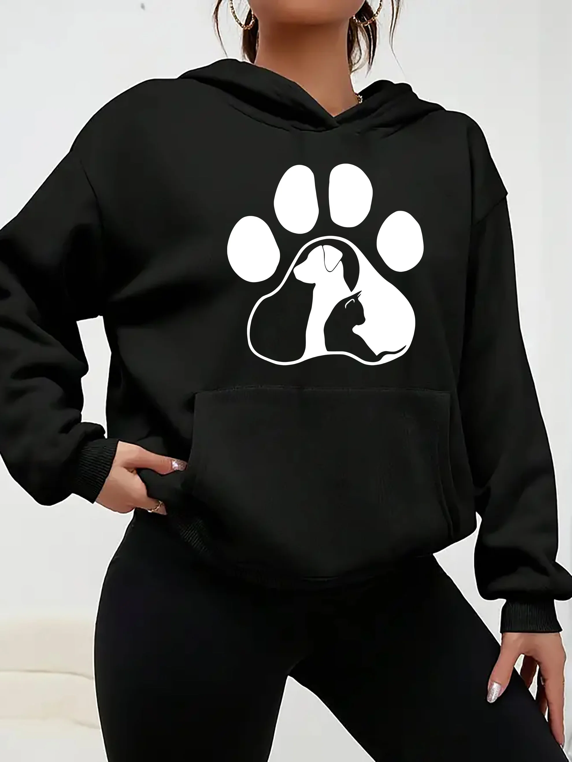 Cat and Dog Pattern Dog Print Design Printed Women's Autumn Winter Hoodie 2025 New Long Sleeved Top Women's Casual Clothing