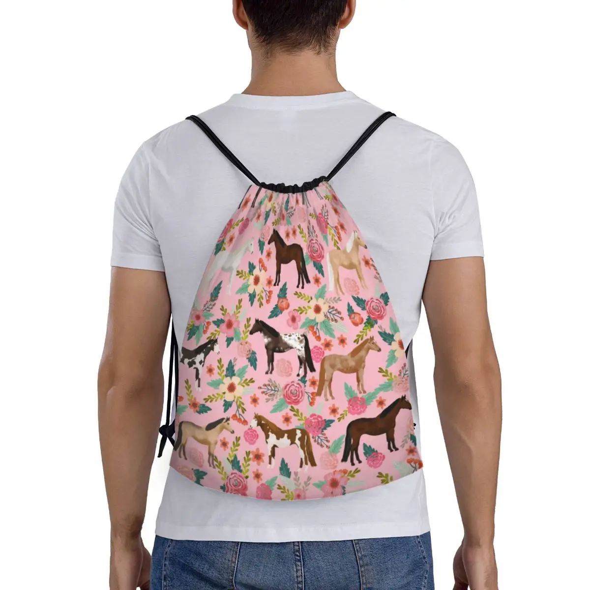 Mochila con cordón Floral personalizada para hombre y mujer, bolso ligero con diseño de caballos, razas de animales de granja, Mascotas, Deportes, gimnasio, almacenamiento