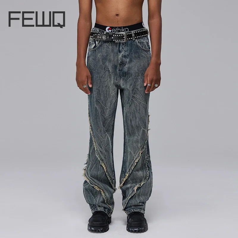 FEWQ New Trendy Split Men Jeans High Street Loose Pants 2024 Vintage Darkwear Burr Edge Design Male Trousers Casual 24E1227