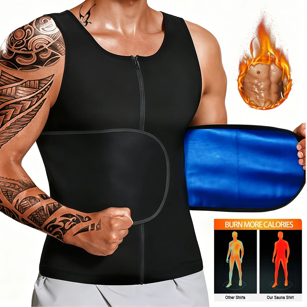 Men Zipper Sauna Tank Top Waist Trainer, Neoprene Sweat Sauna Vest Shirt, Slimming Body Shaper Sweat Belt for Workout & Fitness