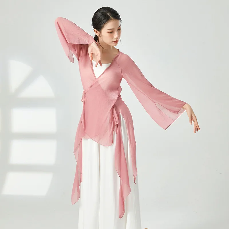 Long Sleeve Chiffon Cardigan Classical Dance Practice Clothes Loose Chinese Folk Dancer Stage Show Wear Transparent Flowy Dress