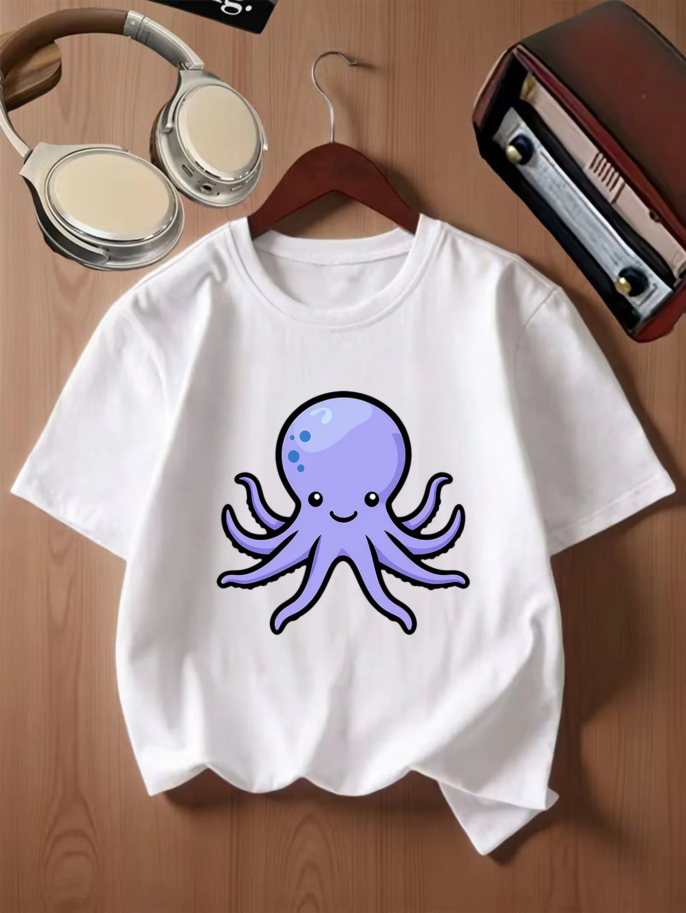 Cute Smiling Purple Octopus Cartoon Graphic Kids T Shirt Boys Girls Family Matching Parent Child Summer Crew Neck Casual Tee