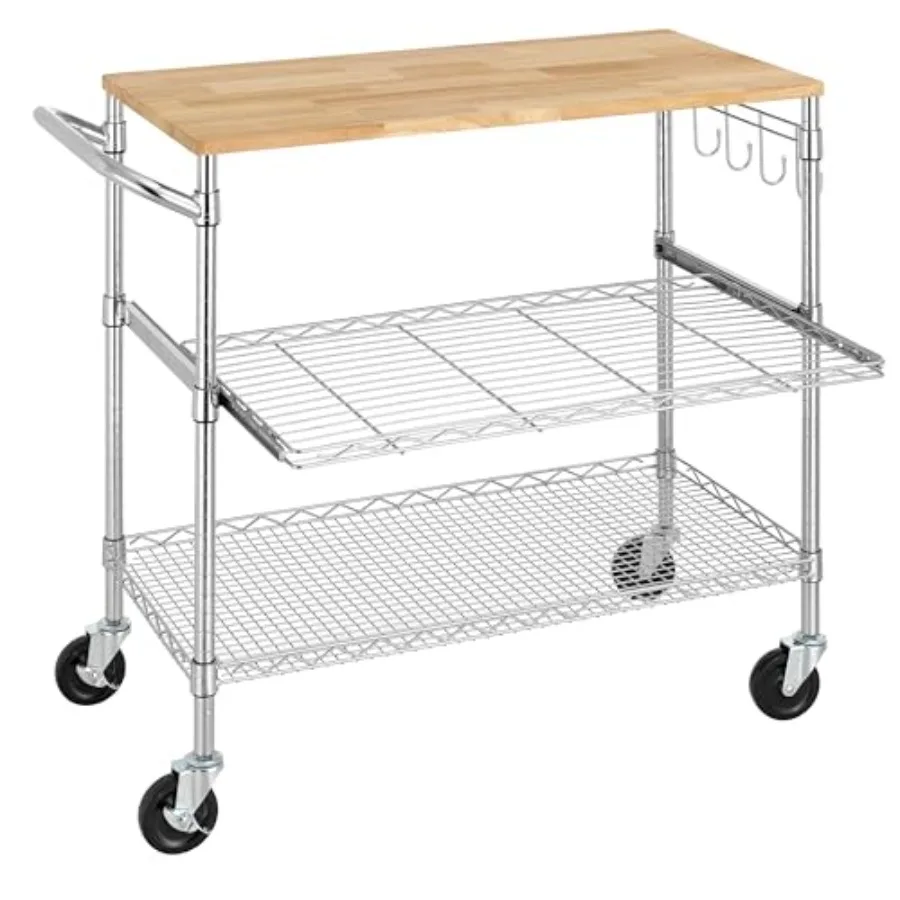 

3-Tier Rolling Kitchen Cart for kitchen island, oak wood tabletop, chrome finish, 18 D x 36 W, 4 wheels, slider shelf, microwav