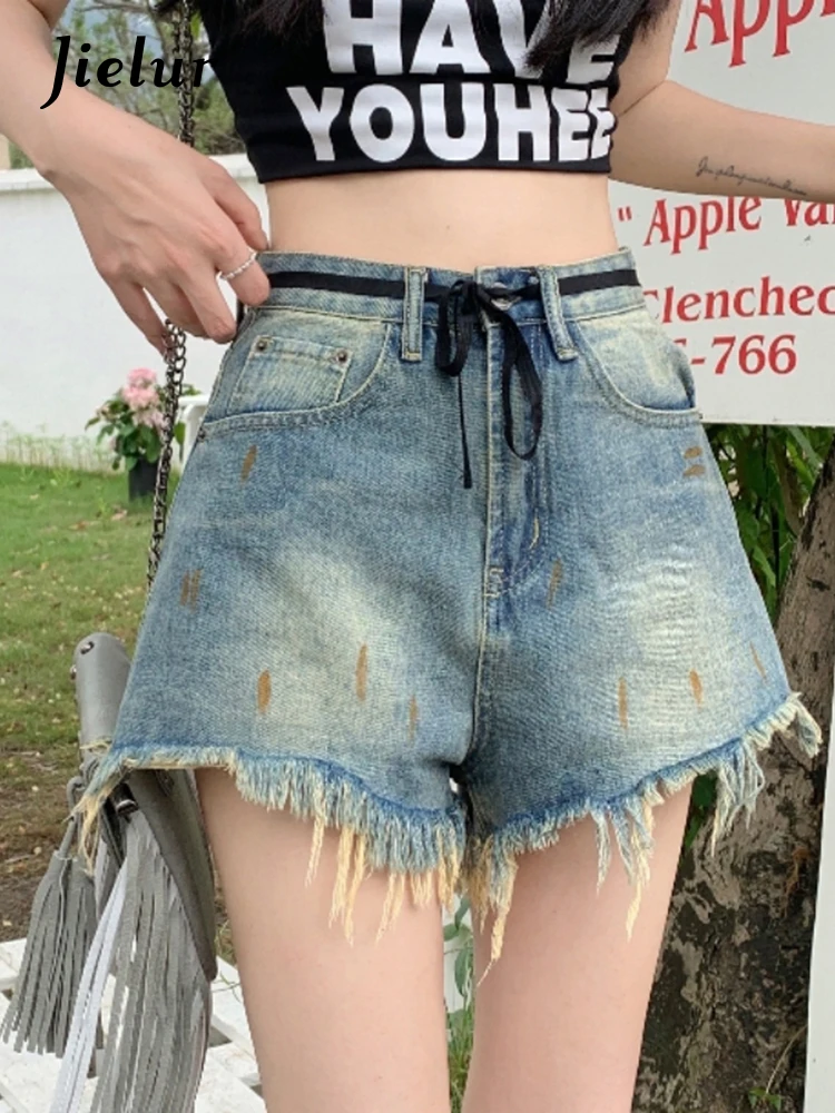 Zomer Nieuwe Hoge Taille Slanke Denim Damesshort Mode Street Casual Losse Damesshort Eenvoudige Blauwe A-Lijn Korte Broek Dames