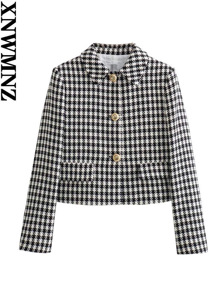 

XNWMNZ Women's Fashion 2023 Autumn Houndstooth Texture Jacket Coat Women Lapel Long Sleeve Button Versatile Female Blazer