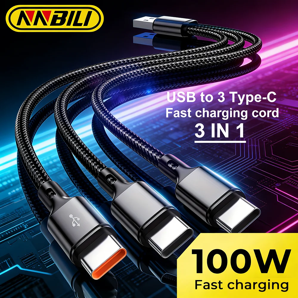 NNBILI 3-in-1 100W 6A USB-A auf 3×Type-C Schnelllade-Datenkabel für Samsung S26 Huawei Android-Handys USB-C Datenübertragungskabel