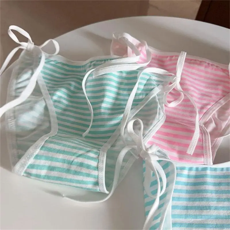 Striped Pattern Womens Panties Cosplay Lace Up Ribbon Low Waist Briefs Cotton Hipsters Uniform Lingerie Underwear 6XDA