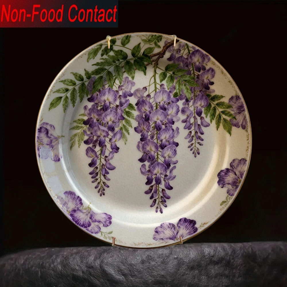 1pc Elegant Purple Wisteria Floral Ceramic Decorative Plate - Non-Food Contact Tabletop Decor with Golden Rim, Intricate Flower