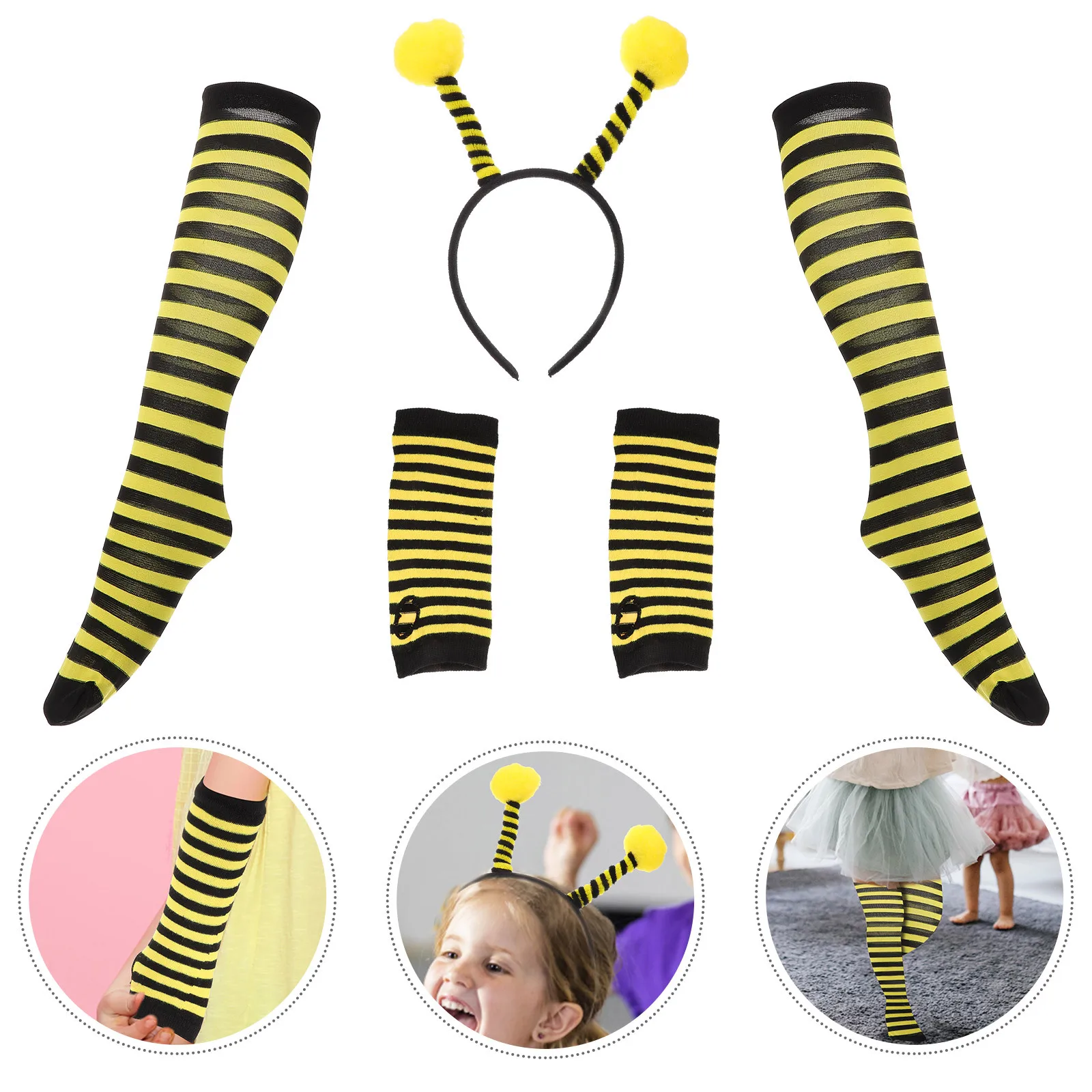 ชุดแต่งกายผึ้ง 1 ชุด สำหรับเด็ก ประกอบด้วยที่คาดผม ถุงมือลายทาง ถุงน่อง อุปกรณ์สำหรับการแสดงบนเวที งานปาร์ตี้ ชุดแฟนซีสำหรับเด็ก