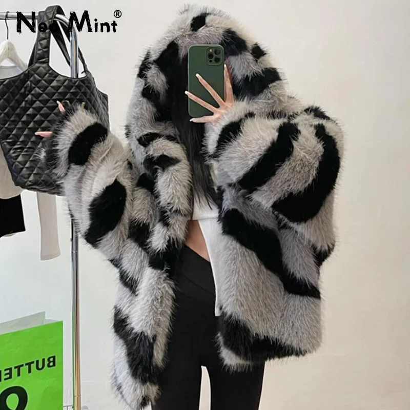 Luxury Oversized Hooded Faux Fox Fur Overcoat Women Winter Thick Warm Baggy Faux Fur Jacket Coat Y2k Cool Street Girls Outerwear