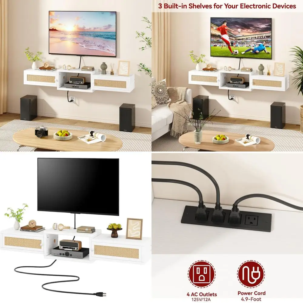 

Белая настенная подставка для телевизора из ротанга с дверцами, шкаф для хранения телевизора 55 для гостиной и спальни, развлекательный центр UWST012W