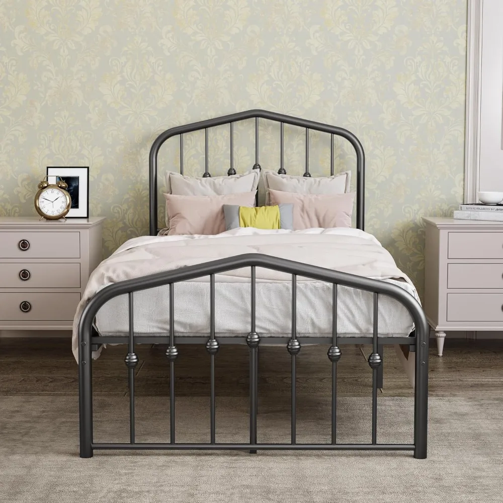 

Metal Bed Frame Platform No BoxSpring Needed with Vintage Headboard and Footboard Premium Steel Slat Support Mattress Foundation