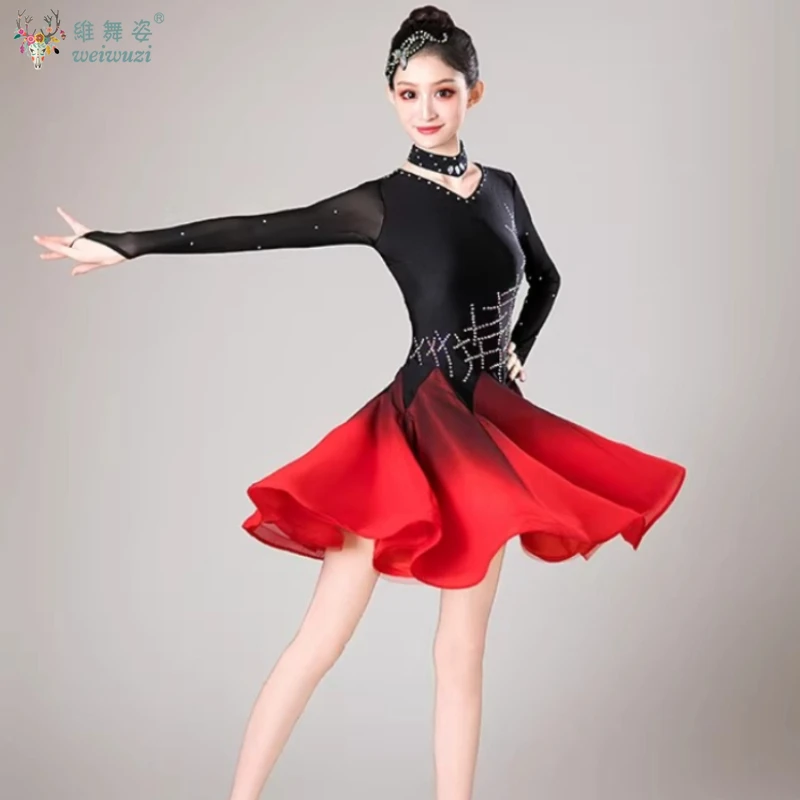 

Элегантное платье для латиноамериканских танцев с длинными рукавами, градиентный костюм для соревнований, для девочек и женщин, для бальных танцев, для взрослых