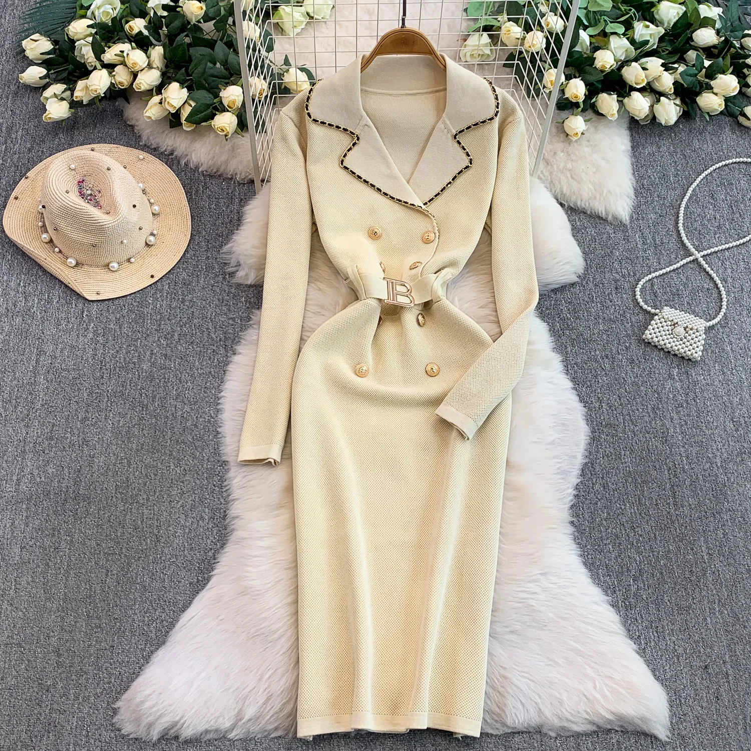 Chique vintage gekerfde jurk met lange mouwen Elegante Fee Koreaanse mode zonnejurk herfst dameskleding