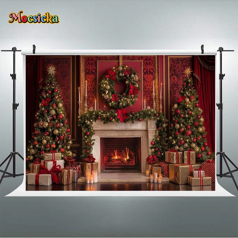 모시카 사진 배경 벽돌 벽 벽난로, 나무 불 불꽃 장식, 아기 초상화, 크리스마스 파티 배경, 사진 스튜디오