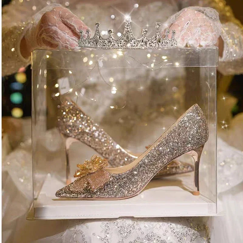 French Wedding Shoes for Women 2024 New Non tiring Crystal Bow Spring/Summer/Autumn Bride High Heels