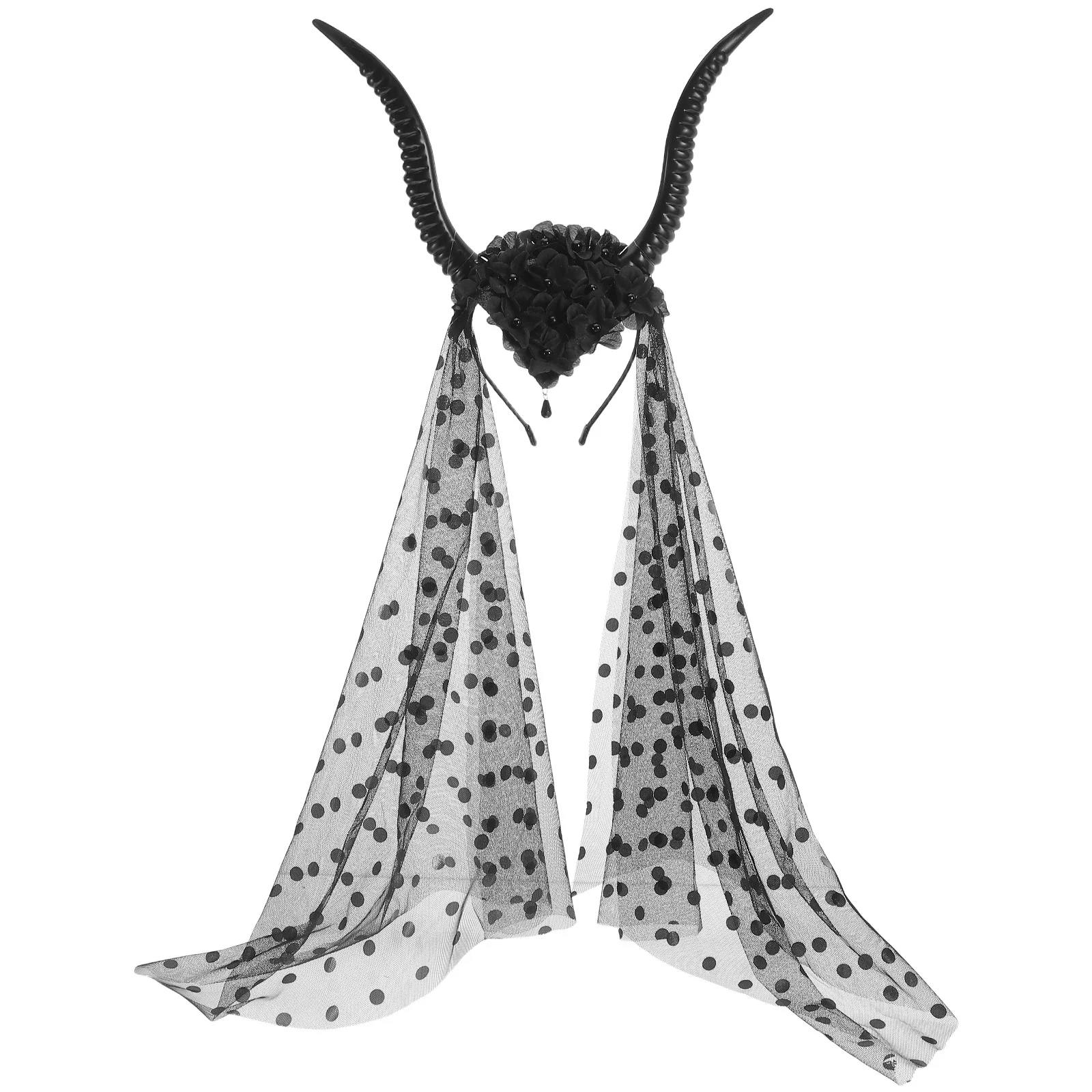 

Повязка на голову с козьими рогами, готический костюм королевы, головной убор овцы, косплей, дьявол, демон, Хэллоуин, черная сетчатая вуаль