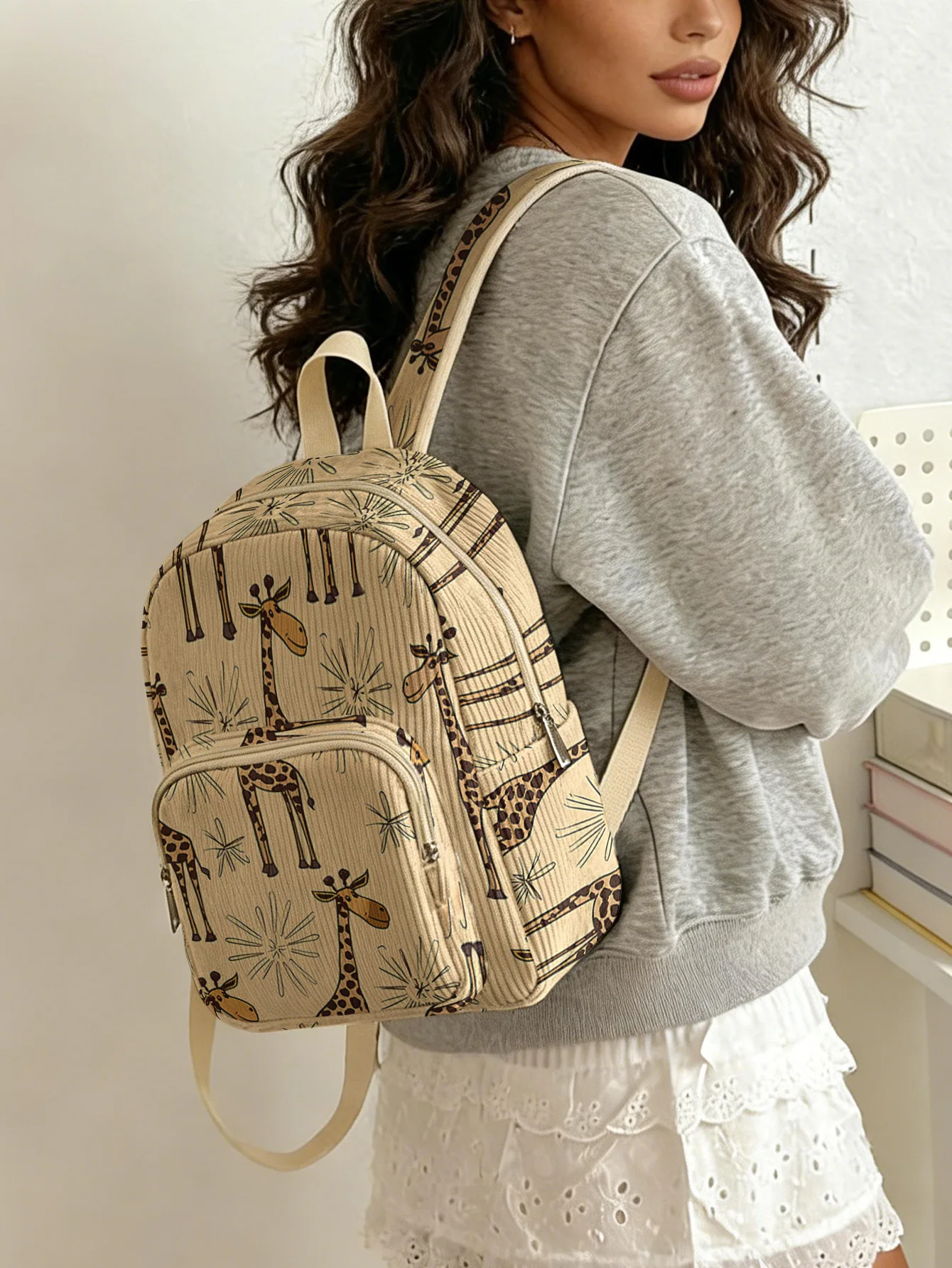 

Cartoon Giraffe Allover Print Women Fashion Backpack Corduroy Multi-pocket Large Capacity Commuter Bag